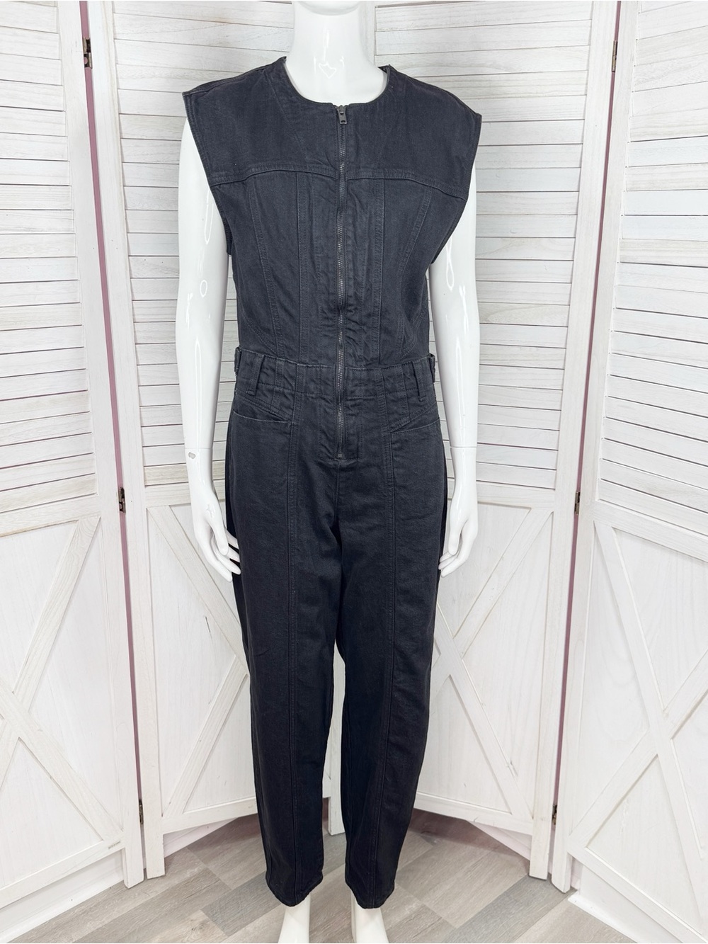 Universal Threads Tailored Denim Jumpsuit Zip Front Black 4 Utility Minimalist